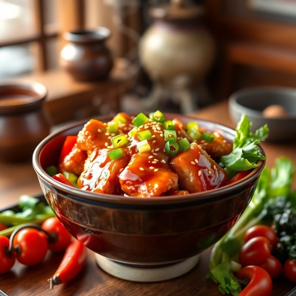 Generate a high-quality image of a steaming Chicken Teriyaki Bowl presented in a traditional Japanese ceramic bowl. The dish should be filled with tender chicken glazed in a shiny, caramelized teriyaki sauce, garnished with sesame seeds and vibrant green onions. Surround the bowl with a variety of colorful vegetables, such as bright red bell peppers and leafy greens, to add freshness. Utilize dramatic side lighting to create interesting shadows and highlight the glossy texture of the sauce. The background should be softly blurred, featuring hints of a warm wooden table and rustic Japanese décor. Capture the scene from a slightly elevated angle to emphasize the depth of the bowl and the layering of ingredients. Create an inviting and cozy ambiance with a color palette that includes warm tones. Ensure the image is ultra-detailed and in 8K resolution to showcase the enticing aspects of the meal.
