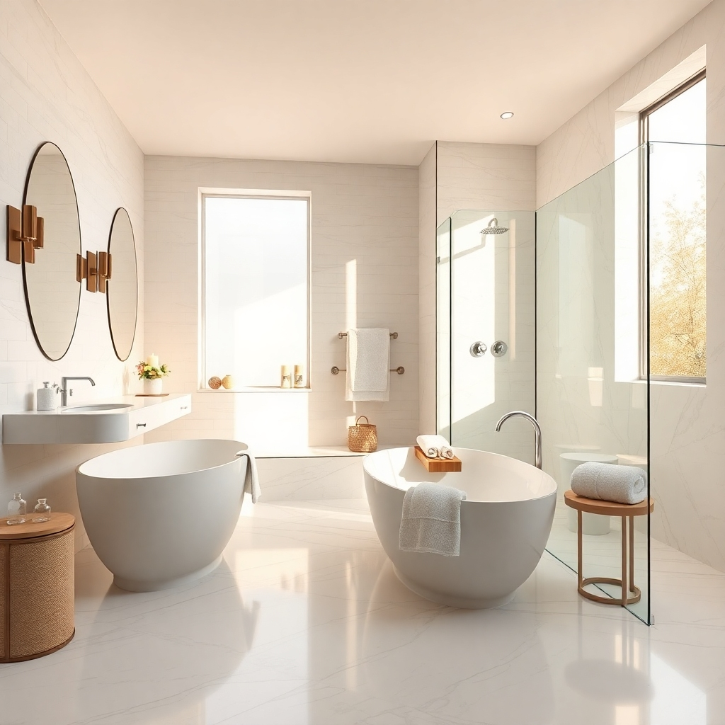 Generate a stunning image of a luxury bathroom featuring a freestanding soaking tub, contemporary fixtures, and a spacious walk-in shower. Use soft diffused lighting to create a calm and relaxing environment, enhancing the shades of white, cream, and light gray throughout the space. Position the camera from a corner angle to capture the spacious layout and intricate tile work. Highlight textures in the image, such as the smooth surface of the tub, glossy tiles, and plush towels neatly arranged. Include ambient elements, like candles on the vanity and tasteful decor items that add a touch of elegance. Ensure natural light floods the room through a large window, giving it an airy feel. In the style of luxury home magazines, aim for a hyperrealistic, ultra-detailed image rendered in 8K resolution.