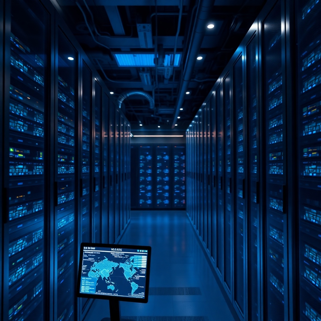 Generate an ultra-high quality, photorealistic image of a dynamic data center. The center should be filled with rows of cutting-edge servers, glowing softly with blue LED lights. Dramatic side lighting should emphasize the sleek lines of the servers and create a high-tech atmosphere. The mood should feel energetic yet secure, using a color palette of dark blues and silvers. Capture an angle that showcases the depth of the data center, perhaps from a corner perspective. The textures of the servers should reflect advanced technology, with metallic and glass features. Include props such as technicians monitoring screens filled with data in the foreground. The background could show a digital world map, emphasizing global connectivity. The image should be in hyperrealistic style, aiming for 8K resolution to highlight intricate details.