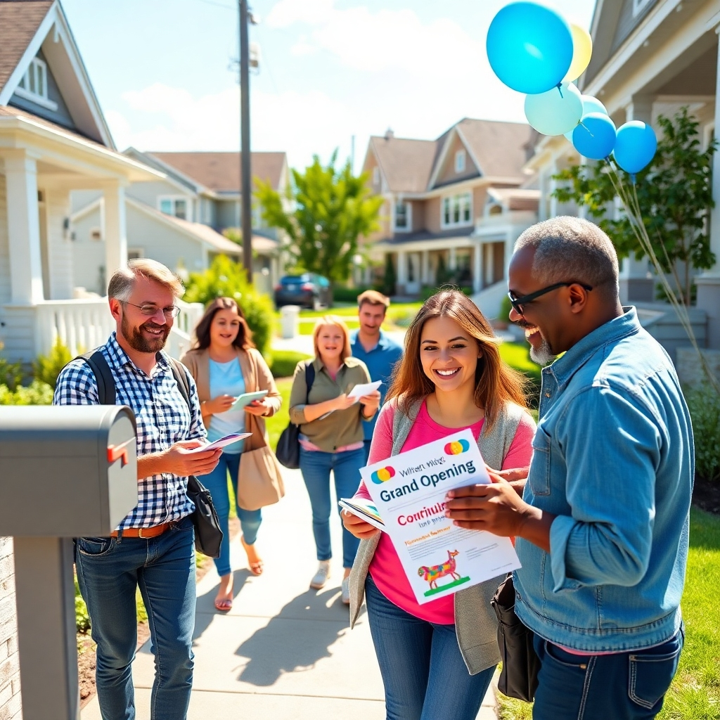 Generate an ultra-high quality, photorealistic image depicting a friendly marketing team distributing flyers door-to-door in a bustling neighborhood. The image captures diverse team members, engaging with local residents, smiling and sharing the grand opening flyers. The lighting is bright and cheerful, capturing the essence of a sunny day, with a colorful palette featuring blues, whites, and greens. The composition includes charming houses in the neighborhood and well-kept lawns, creating a welcoming and homely feel. Camera angle should be at eye-level, highlighting the interaction between the team and the community, with texture details like the paper quality of the flyers. Add elements of excitement like balloons tied to mailboxes and neighbors happily discussing the upcoming event. This image should be created in exquisite 8K resolution, hyper-detailed and vibrant in style, inspired by community event photography.