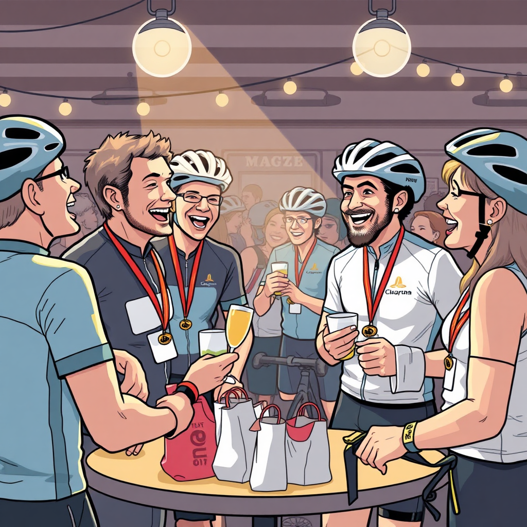Illustrate a community of cyclists sharing laughter and stories post-ride. Capture a joyful scene where riders are networking and celebrating their achievements, with swag bags, medals, and drinks. The lighting should create a warm, welcoming environment reflecting camaraderie and teamwork.