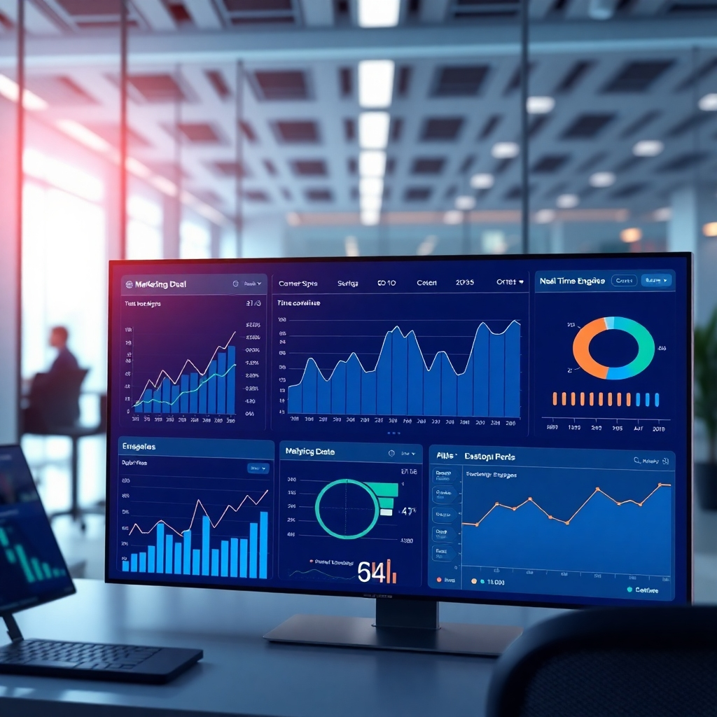 Illustrate a modern analytics dashboard displaying real-time data. Include graphs, charts, and customer engagement metrics, with a background that suggests a high-tech marketing environment, like a sleek office setting.