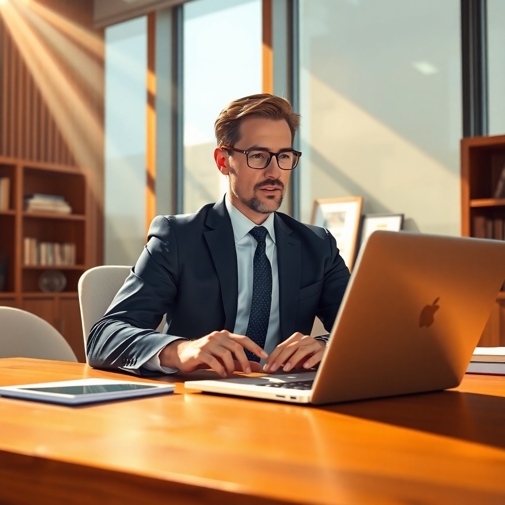 Illustrate a modern office environment with a lawyer in a sharp suit engaged in a video call on a sleek laptop. The lighting should be warm and inviting, with rays of sunlight streaming through large windows, highlighting the professionalism of the setting. The color palette should emphasize earth tones with rich browns and soft cream colors, creating a calming effect. Capture a close-up perspective of the lawyer's focused expression while talking, featuring detailed textures of the suit fabric and the polished wood of the desk. Include environmental elements like law books and framed certificates in the background, symbolizing credibility and expertise. Aim for hyperrealistic quality in 8K resolution, inspired by corporate photography.