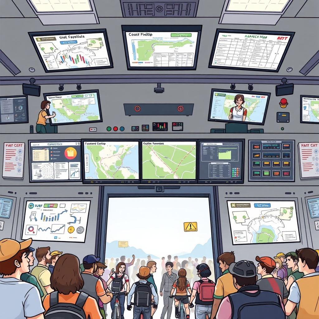 Illustrate an organized event control center with staff managing logistics, overlooking a crowd of excited riders. Show maps, schedules, and happy interactions, reflecting the excitement of the event's hustle and bustle while ensuring everything runs smoothly.