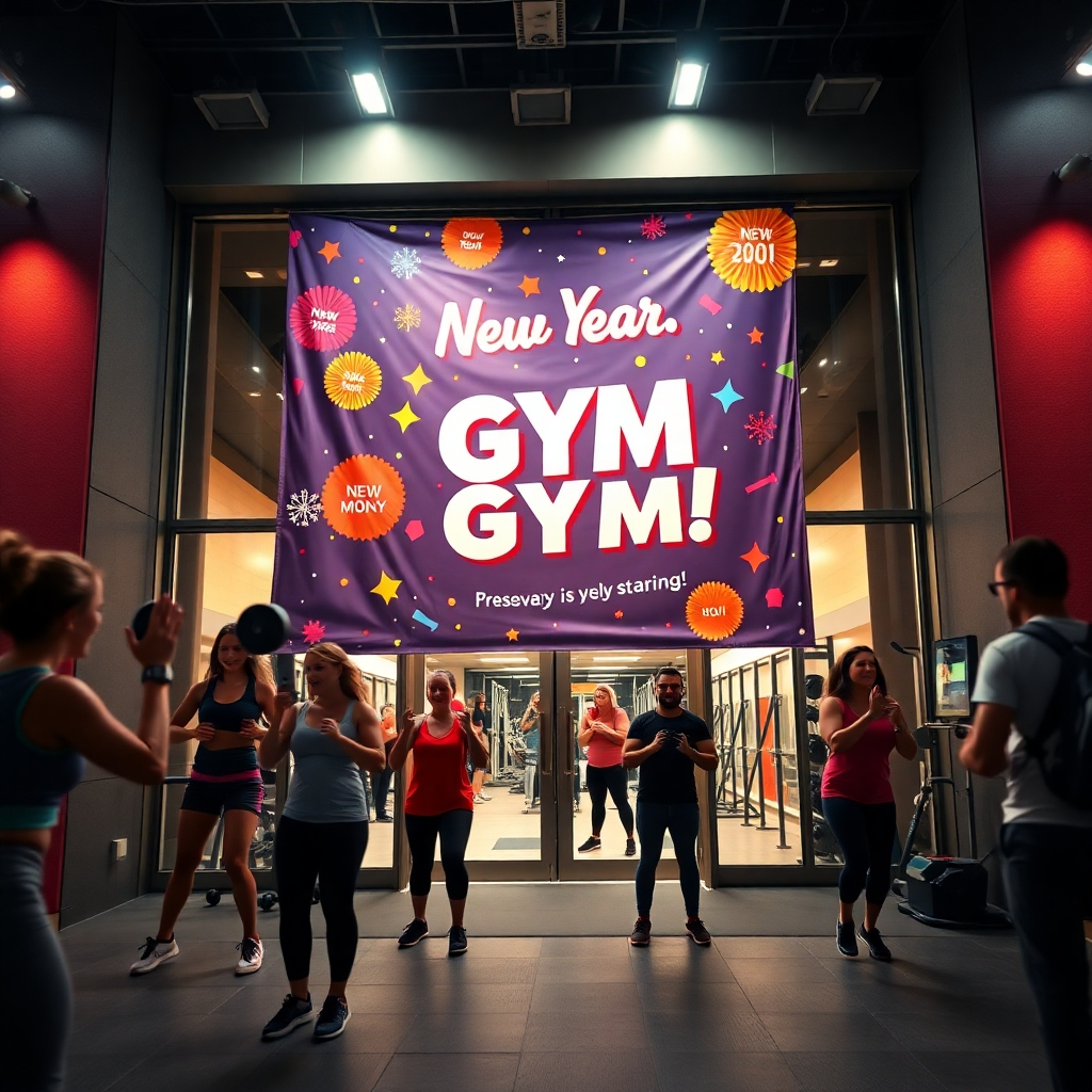Produce a high-quality image showcasing a dynamic seasonal gym promotion banner displayed outside a gym. The banner should feature eye-catching designs with festive New Year's themes, including vibrant confetti graphics and phrases like 'New Year, New You!'. Use dramatic side lighting to create depth, emphasizing the excitement of the promotion. In the foreground, depict a group of enthusiastic gym-goers engaging in a workout session, showcasing diversity and energy. The backdrop should include the gym's welcoming entrance, with exercise equipment visible through large glass doors. Capture the setting's lively spirit, using a low-angle perspective to elevate the excitement of the promotion. Ensure the image is ultra-detailed and in 8K resolution, highlighting the rich colors of the banner and the movement of gym activity.