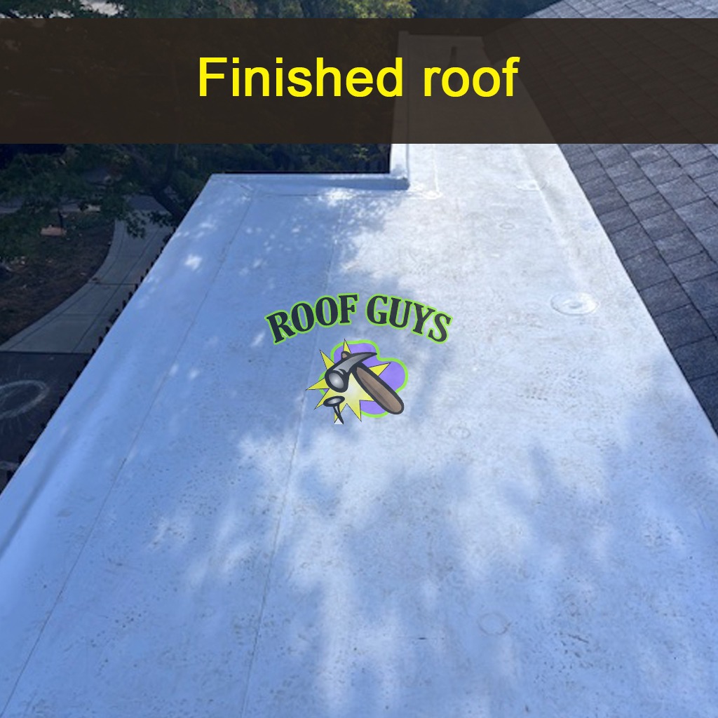 A detailed image of a roofing technician skillfully repairing shingles on a steep roof during a sunny day. Tools and equipment are organized around the technician, indicating professionalism. The vibrant blue sky contrasts with the warm colors of the roof, offering an appealing visual. The scenario effectively communicates attention to detail and high-quality workmanship, captured in high-resolution to enhance textures.