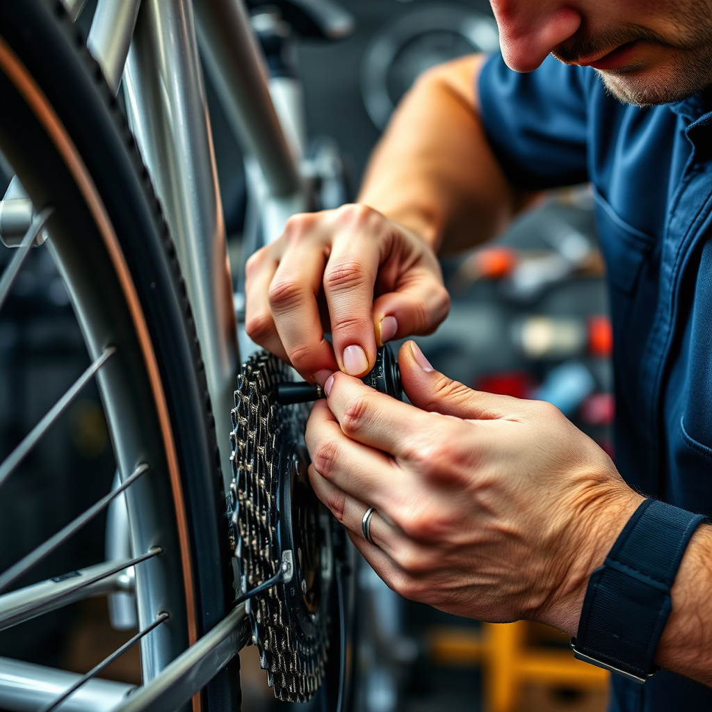 Show a close-up of a bike mechanic professionally working on a bicycle, tools elegantly arranged. Capture details of hands tightening a bolt, gears, and bike components with a well-organized workshop background, conveying a sense of precision and professionalism.