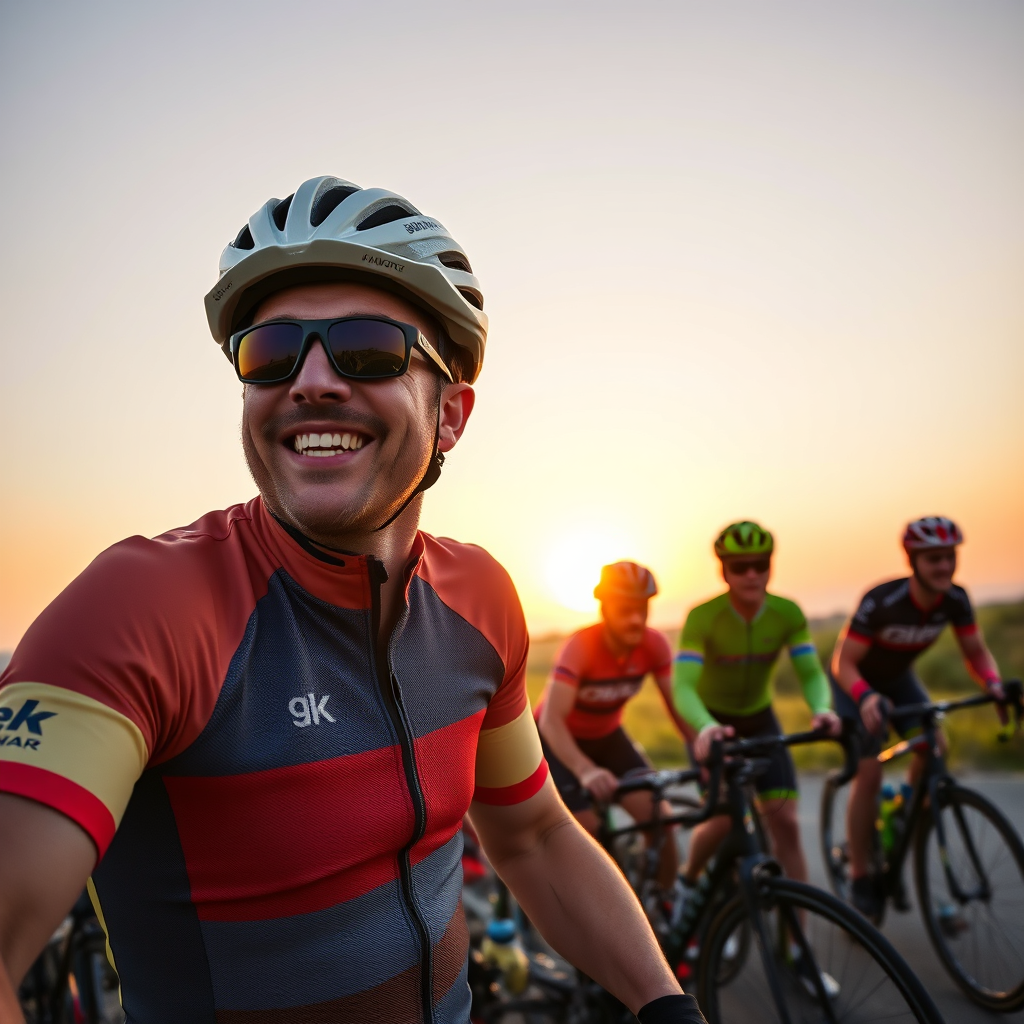Visualize a charismatic group of cyclists preparing for a ride at dawn, with a mix of excitement and focus. The sun rises in the background, illuminating the cyclists’ faces, their colorful gear popping against a pastel sky. Bikes are lined up with water bottles and helmets ready. Photo style should be inspirational lifestyle photography.