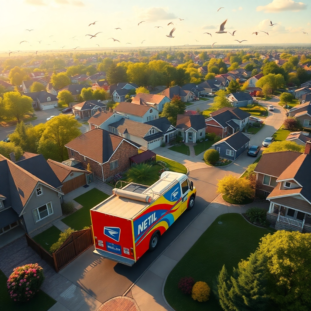Visualize an aerial view of a neighborhood, with colorful door-to-door flyers being dropped from a mail carrier truck. The landscape is rich with diverse local homes, showcasing green yards and blooming gardens, creating an inviting town atmosphere. Highlight the truck as the focal point, painted in bright colors that signify festive energy. The lighting is a warm afternoon glow, illuminating the scene with inviting sunshine, enhancing the feeling of community and connection. Add dynamic elements such as flocks of birds in the sky and residents checking their mailboxes, eager to pull out the exciting flyers. The contrasting colors of the flyers against the natural landscape should create a captivating visual narrative that emphasizes community outreach. Ensure that the details are hyperrealistic, capturing textures like the paper quality of the flyers and the lush greenery, in 8K resolution to enhance clarity in every aspect.