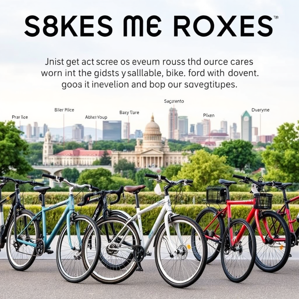Visualize an assortment of bikes representing the various routes available for riders. Arrange them against a backdrop of Sacramento landmarks and greenery, showcasing the diversity of the event. Selective focus should emphasize the bikes and their details, creating an engaging, adventurous invitation.