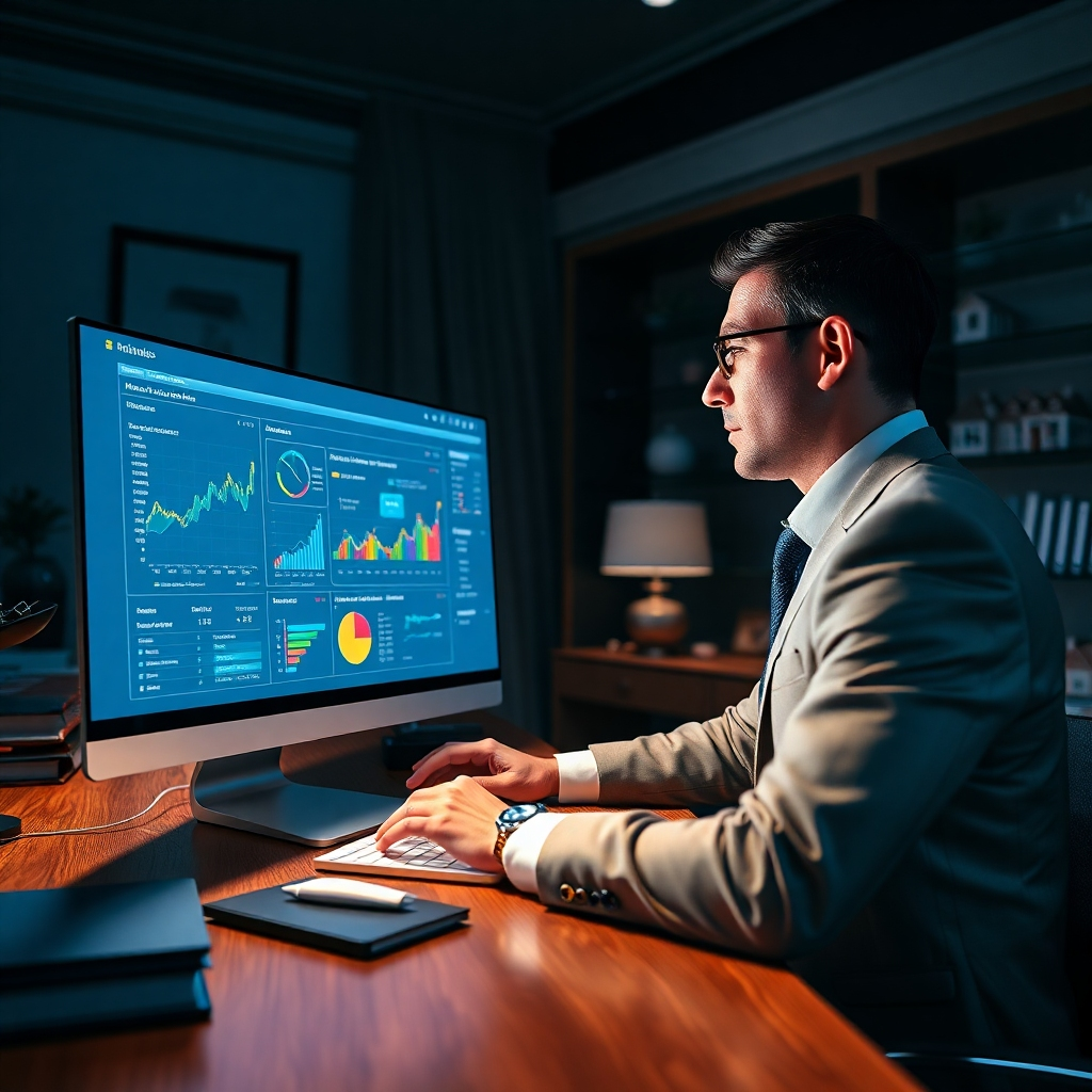 Visualize an elegant office environment where a real estate agent is analyzing a complex market analytics dashboard on a modern computer. The scene is illuminated by dramatic side lighting, highlighting the agent's engaged expression and the glowing screen filled with colorful graphs and data. The color palette should consist of deep blues, whites, and metallics, creating a professional and sophisticated mood. The camera angle should be over-the-shoulder, capturing a clear view of the analytics displayed as well as the agent. Use textures that reflect polished surfaces, such as the desk's wood grain and the sleekness of the computer. The background should include shelves with real estate books and model houses. The style will be inspired by high-end corporate photography, with ultra-detailed elements suitable for 8K resolution, ensuring all details are crisp and engaging.