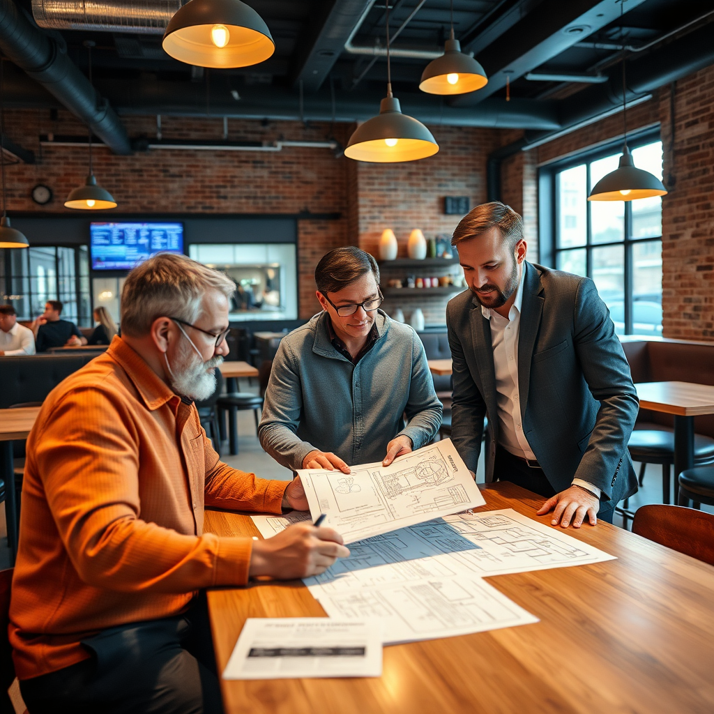 A 4K, high-quality photograph showcasing a collaborative meeting between a restaurant owner and two consultants from Fireline Collective. They are gathered around a table reviewing blueprints and discussing strategies. The setting is a modern, well-lit restaurant space with exposed brick and industrial-chic elements. The consultants should appear attentive and engaged, fostering an atmosphere of trust and partnership. The color palette is warm and inviting, with pops of color from the restaurant's decor. The camera angle is slightly above, capturing the dynamic interaction. Details like the blueprints, the consultants' professional attire, and the owner's hopeful expression are essential. Style reference: collaborative workspace with an emphasis on modern restaurant design and strategic planning.
