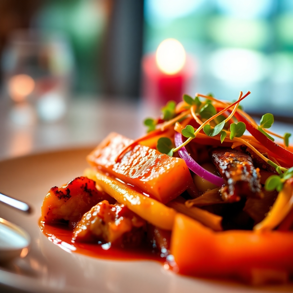 A close-up, high-resolution photo of a beautifully plated dish at JEWELS Restaurant, showcasing intricate details and vibrant colors.  The background should be subtly blurred, focusing attention on the food.  The lighting should be warm and inviting, highlighting the textures and glistening qualities of the dish.  The style should be photorealistic and elegant.