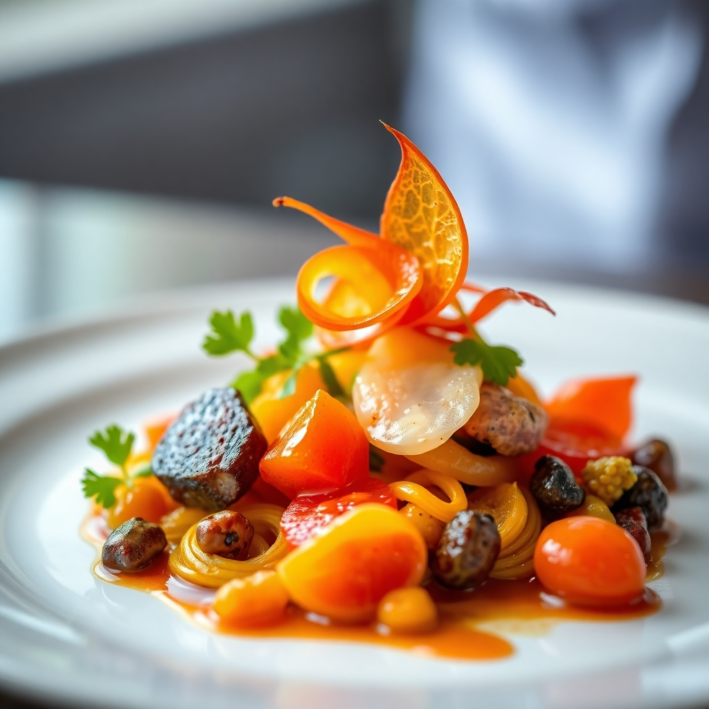 A close-up, photorealistic shot of a meticulously plated dish, showcasing vibrant colors, textures, and artistic arrangement.  The food should appear incredibly delicious and appetizing.  The background should be slightly blurred, focusing attention on the dish's details. The style should be clean, modern, and sophisticated, highlighting the chef's skill.