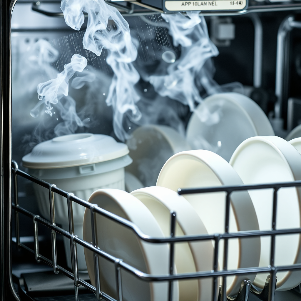 A commercial dishwasher in action, with steam rising and dishes gleaming. Focus on the cleaning power. Add some bubbles and water droplets. Style references: Appliance advertising, emphasis on efficiency. 4K resolution.