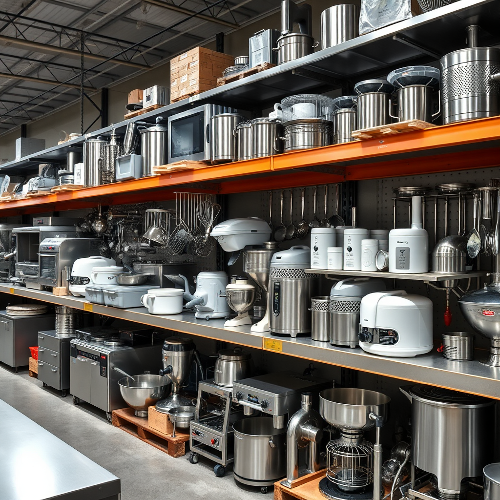 A diverse array of professional kitchen equipment arranged neatly on shelves in a warehouse setting. Focus on variety and quality. Bright lighting. 4K resolution.