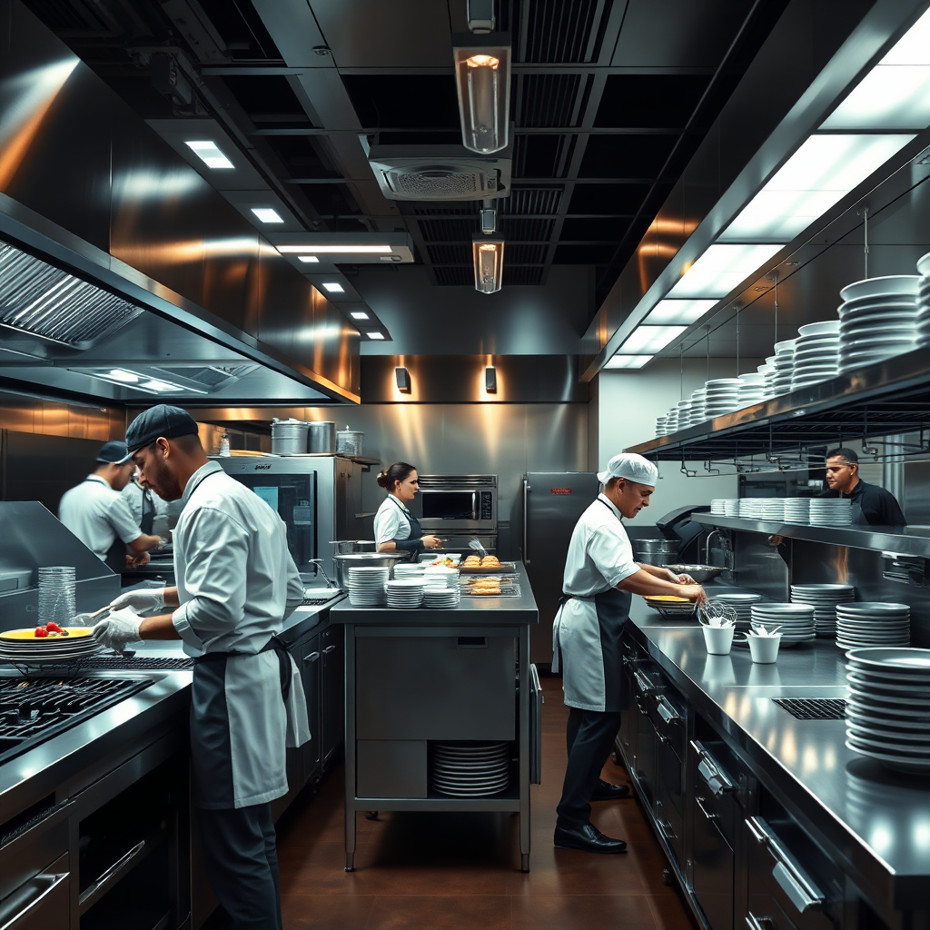 A dynamic, photorealistic image showcasing a modern restaurant kitchen optimized for efficiency. Chefs move seamlessly, utilizing well-organized workstations and state-of-the-art equipment. Lighting is bright and focused, highlighting the streamlined workflow. The image conveys a sense of controlled chaos and precision.