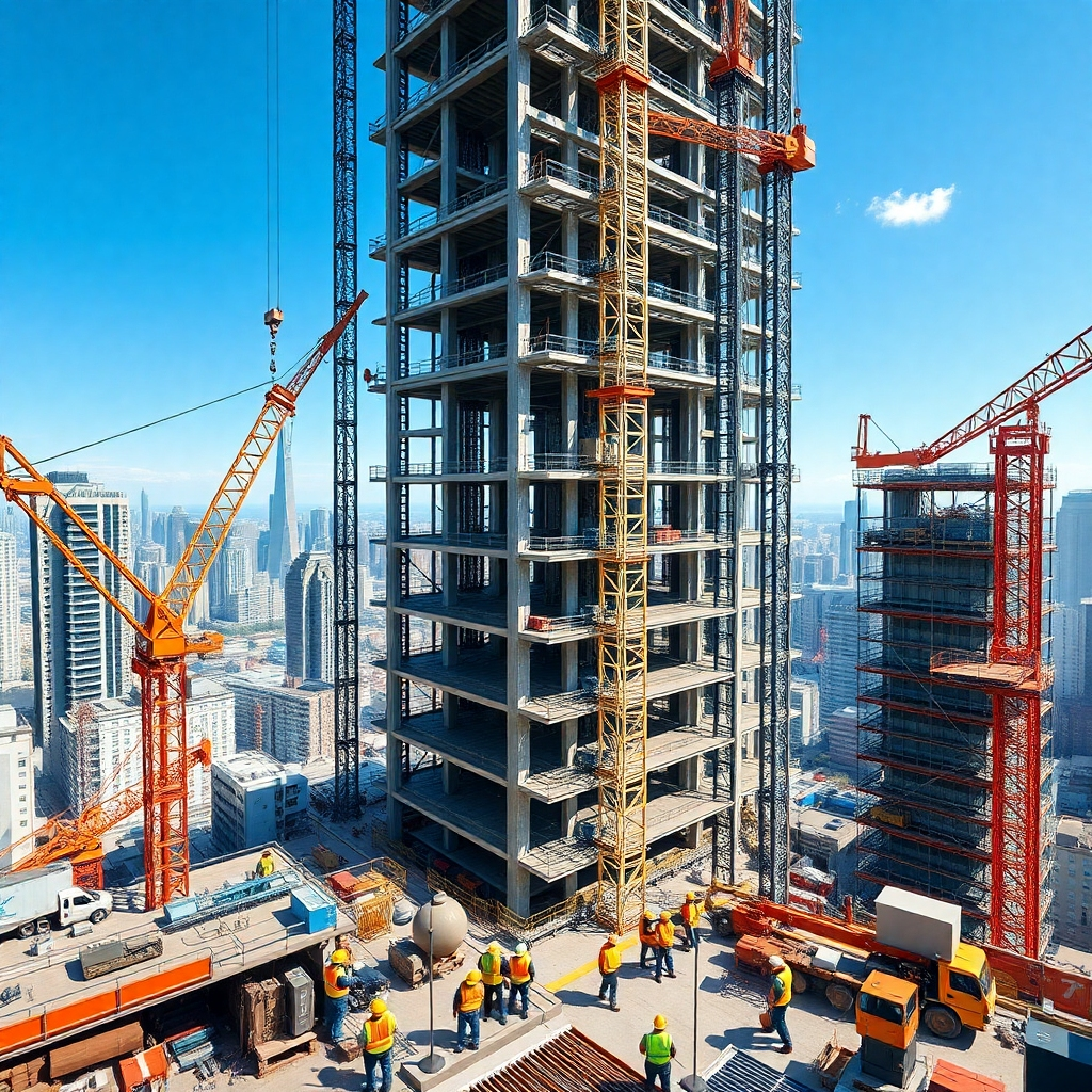 A photorealistic 8K image depicting a bustling construction site of a modern skyscraper. The image should showcase the intricate details of the steel framework, cranes operating smoothly, and workers collaborating effectively.  Focus on a specific section of the building, highlighting the precision and organization of the construction process. The lighting should be bright and natural daylight, with some soft shadows creating depth. The color palette should reflect a sense of productivity and progress, featuring metallic grays, blues, and oranges. The camera angle should be from a slightly elevated position, offering a comprehensive view of the site's activity. The texture of the materials should be highly detailed—rough concrete, smooth steel, and the vibrant colors of construction equipment.  Include hard hats, safety vests, and other necessary equipment in the scene.  The background should show the city skyline, suggesting the scale and importance of the project. The overall style should be similar to architectural photography by Iwan Baan, conveying both a sense of grandeur and precision.  The image should be ultra-detailed, hyperrealistic, and showcase the advanced technology used in modern construction.