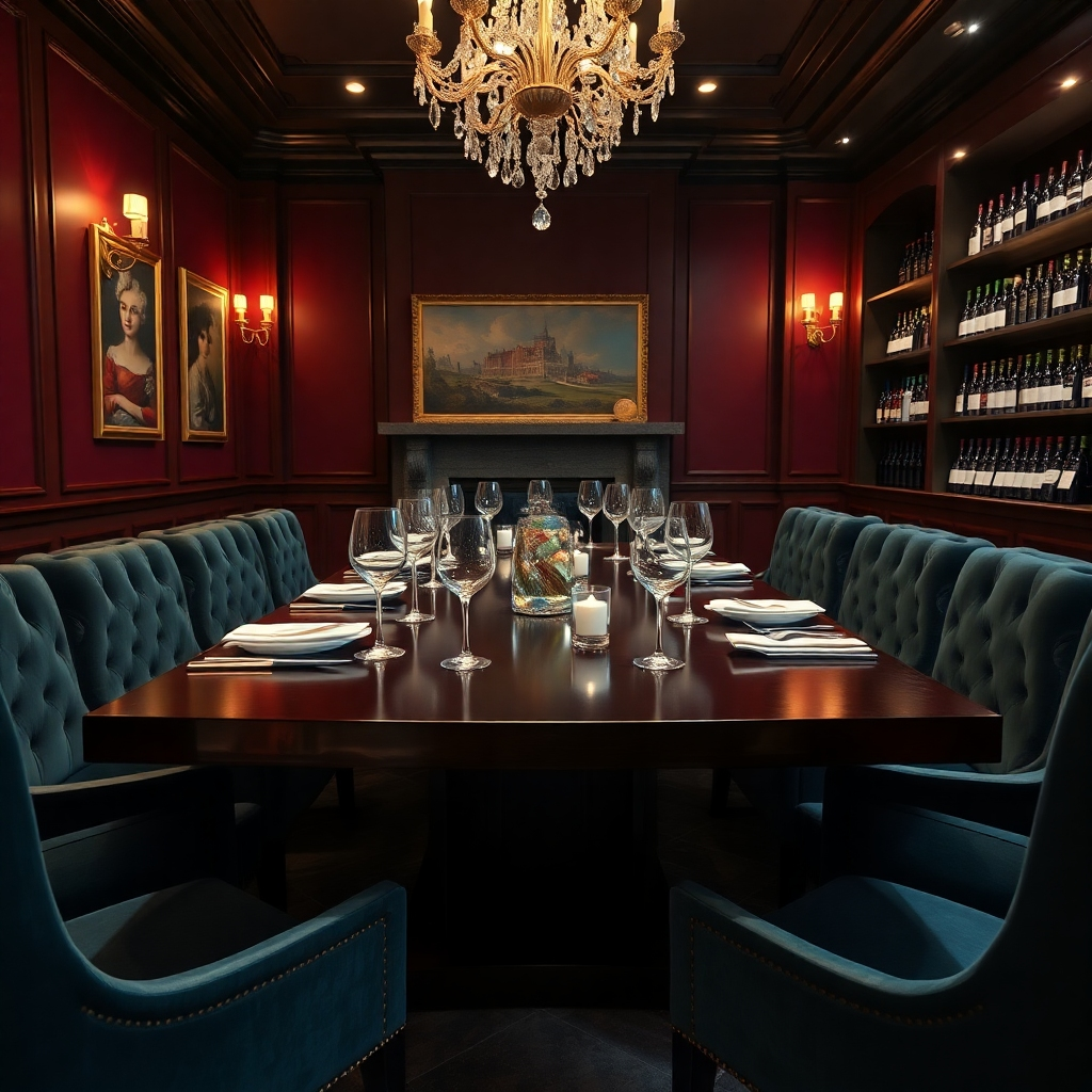 A photorealistic, 8K resolution image depicting a private dining room at JEWELS Restaurant. The room is elegantly appointed with a rich, dark wood table set for six, featuring fine china, silverware, and crystal glassware. Soft, warm lighting emanates from a crystal chandelier and subtle wall sconces, casting a gentle glow on the scene. The color palette is sophisticated, with deep burgundy walls, plush velvet seating in a deep teal, and gold accents.  The camera angle is slightly elevated, offering a view of the entire table and room. The texture of the wood table, the sheen of the silverware, and the softness of the velvet are hyperrealistic and ultra-detailed.  Fine art prints adorn the walls, adding to the luxurious atmosphere. The overall mood is one of intimacy, elegance, and exclusivity.  The image is in the style of a classic still life painting, reminiscent of the Dutch Masters, but with a modern, contemporary twist.  The background includes subtle details like a roaring fireplace and a large, elegant wine rack with bottles from distinguished vineyards.