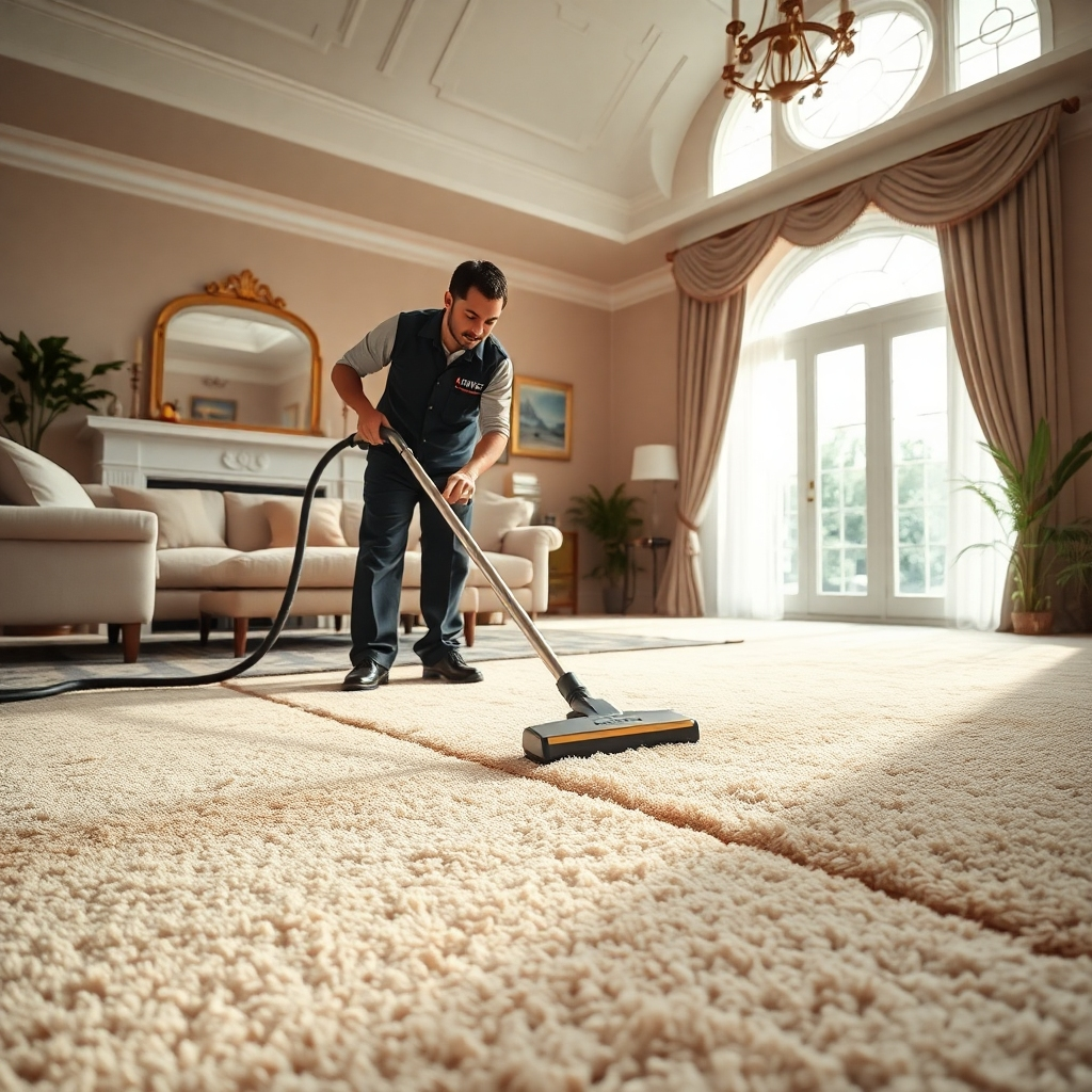 A photorealistic image, 8K resolution, hyperrealistic detail.  The scene depicts a brightly lit living room, soft diffused lighting from a large window, showcasing a JEWELS technician meticulously cleaning a plush, cream-colored carpet using professional equipment.  The color palette is warm and inviting, emphasizing the cleanliness and freshness of the carpet. The carpet shows before-and-after sections: one part visibly dirty, the other sparkling clean.  The technician is wearing a JEWELS uniform. Viewpoint: slightly elevated, showcasing the entire room and the detail of the carpet cleaning. Texture and material details are ultra-detailed, emphasizing the softness of the carpet and the shine of the cleaning equipment. The background includes a subtly blurred but visible elegant living room setting. Style reference: Similar to the work of Annie Leibovitz in terms of lighting and composition. Environmental elements include a tastefully decorated living room with natural elements like plants.