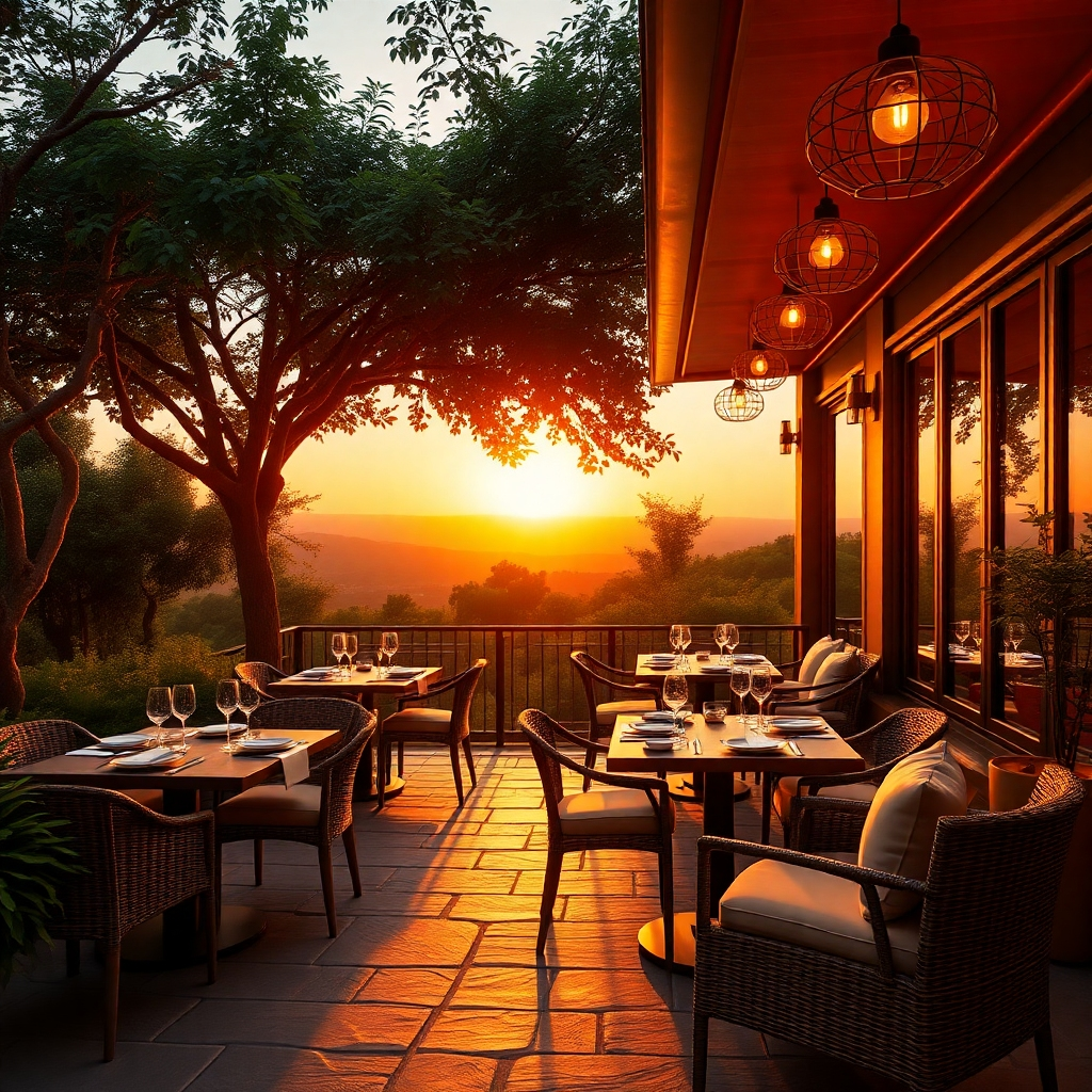 A photorealistic image, 8K resolution, depicting JEWELS Restaurant's outdoor terrace at sunset.  The scene is bathed in the warm, golden light of the setting sun, casting long shadows and creating a romantic and serene atmosphere.  The color palette is rich and vibrant, with the golden hues of the sunset contrasting beautifully with the deep greens of the surrounding foliage and the warm tones of the outdoor furniture.  Several tables are tastefully set for dinner, with comfortable chairs and plush cushions.  The camera angle is slightly elevated, capturing the expansive view of the surrounding landscape and the beautiful sunset.  The textures of the stone flooring, the woven fabric of the cushions, and the smooth surfaces of the tableware are hyperrealistic and ultra-detailed.  The background includes lush greenery, soft lighting, creating a calm and relaxing setting. The style is inspired by the work of (mention a photographer famous for landscape/outdoor photography) emphasizing the sense of tranquility and sophistication.  The image focuses on creating an evocative atmosphere, emphasizing the beauty of the natural setting and the elegance of the outdoor dining experience.