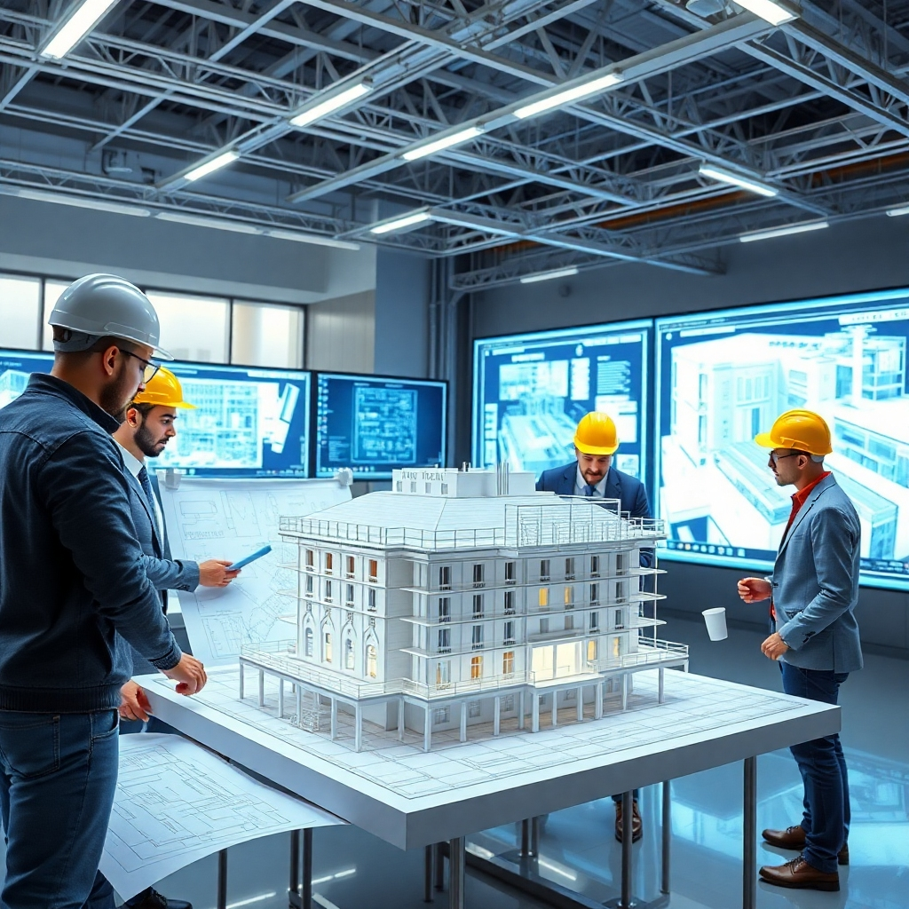 A photorealistic image depicting a team of architects and engineers collaborating around a large-scale model of a modern building under construction. Show detailed blueprints and computer-aided design (CAD) screens in the background. The image should convey a sense of teamwork, collaboration, precise planning, and meticulous attention to detail.  The environment should be bright and modern, emphasizing technology and innovation.