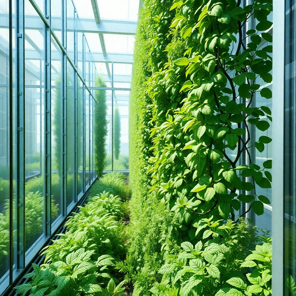 A photorealistic image depicting a lush, thriving vertical farm inside a modern, glass-walled structure.  The farm should be densely packed with various plants growing in vertical layers, using hydroponic or aeroponic systems.  The lighting should be bright and natural-looking, and the overall scene should convey a sense of high-tech, efficient, and sustainable food production.