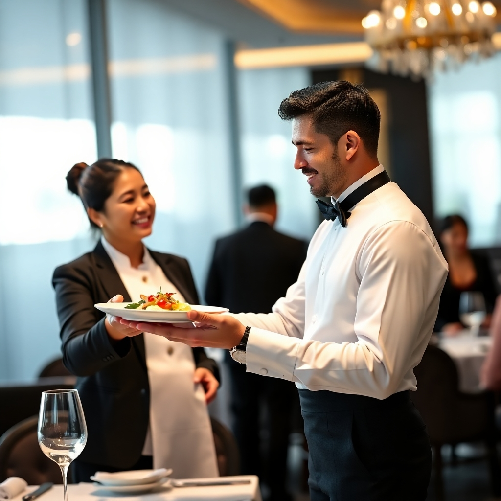 A photorealistic image depicting a waiter at JEWELS Restaurant gracefully presenting a dish to a guest.  The waiter should be wearing a crisp, elegant uniform, and the guest should have a look of delight and satisfaction.  The background should be subtly blurred, and the focus should be on the interaction between the waiter and guest, showcasing impeccable service.