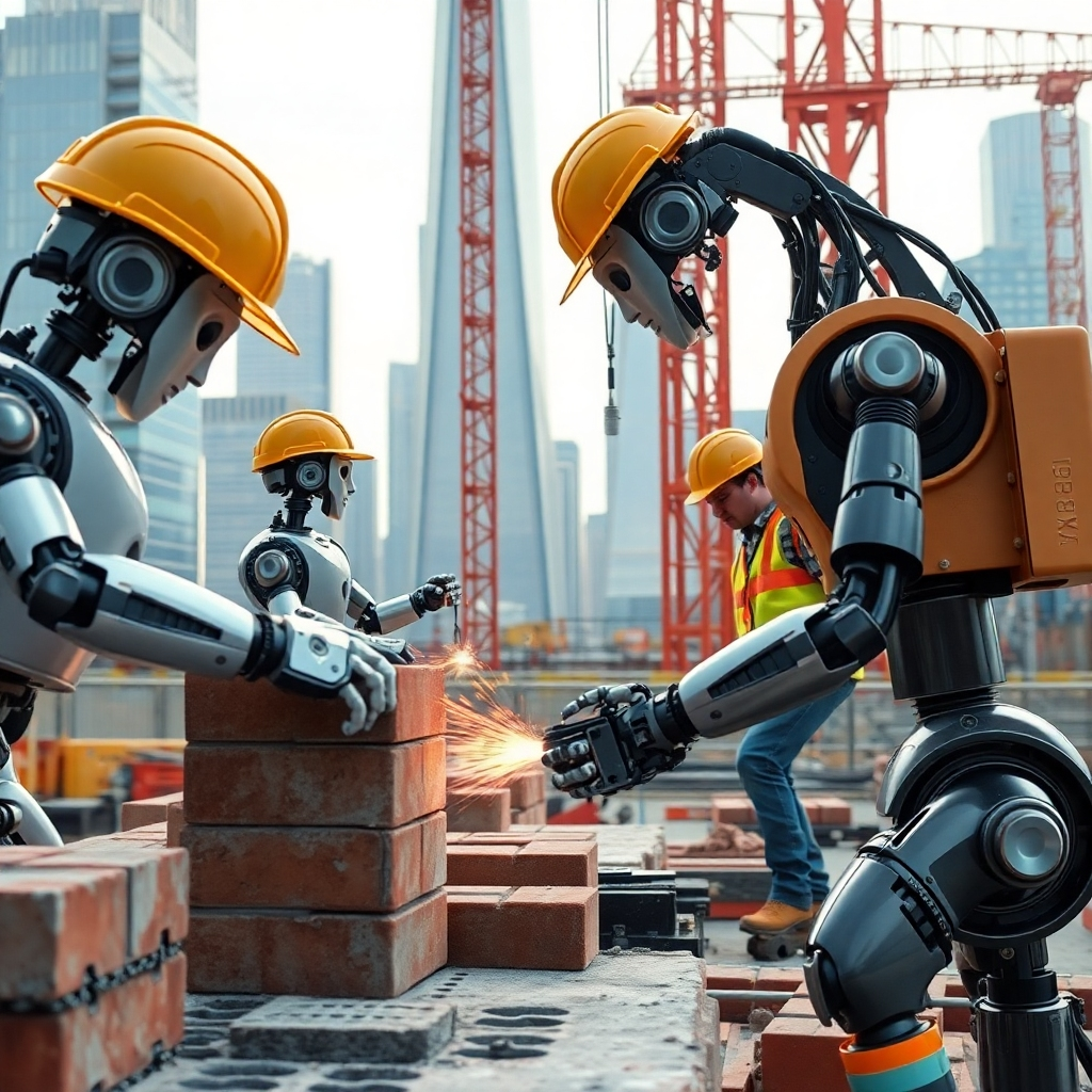 A photorealistic image depicting a construction site where robots are actively involved in different building tasks. Show robots precisely laying bricks, welding structural steel, and operating heavy machinery. The robots should be depicted with advanced sensors and manipulators. The scene should portray a safe and efficient collaborative work environment between robots and human workers in hard hats and safety gear. The image should focus on the precision and speed enabled by robotic integration. The background should have modern skyscrapers in a futuristic-looking city.