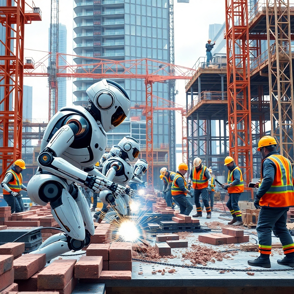 A photorealistic image depicting a bustling construction site where various types of robots are working collaboratively with human workers. Show robots precisely laying bricks, welding steel beams, and operating heavy machinery.  The robots should have a sleek, futuristic design and work seamlessly alongside humans wearing safety equipment. The background should feature a partially completed skyscraper, showcasing technological advancement and human-robot synergy.