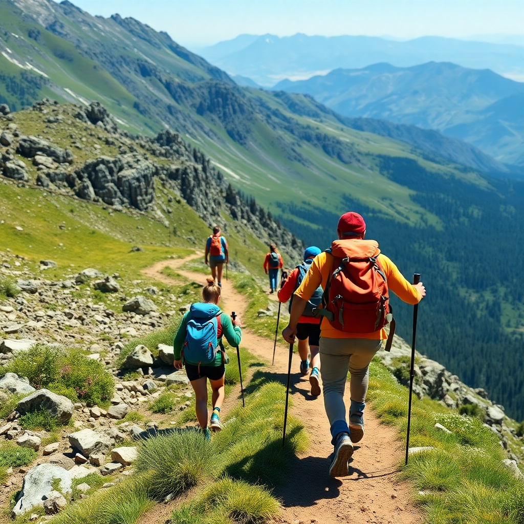 A photorealistic image, high quality, showing a small group of people hiking on a mountain trail. The scene should be bright, dynamic, and action-oriented. The color palette should be mainly natural greens and blues with elements of brown earth. The light should be mostly natural sunlight.  The camera angle should follow the hikers’ movement and showcase the challenging yet rewarding journey.  Texture details are critical; show the texture of the hiking gear and the terrain.  The environment should be breathtaking, showing a mountainous landscape.  Relevant props include hiking gear such as backpacks and trekking poles. The style should convey a feeling of accomplishment and exhilaration.