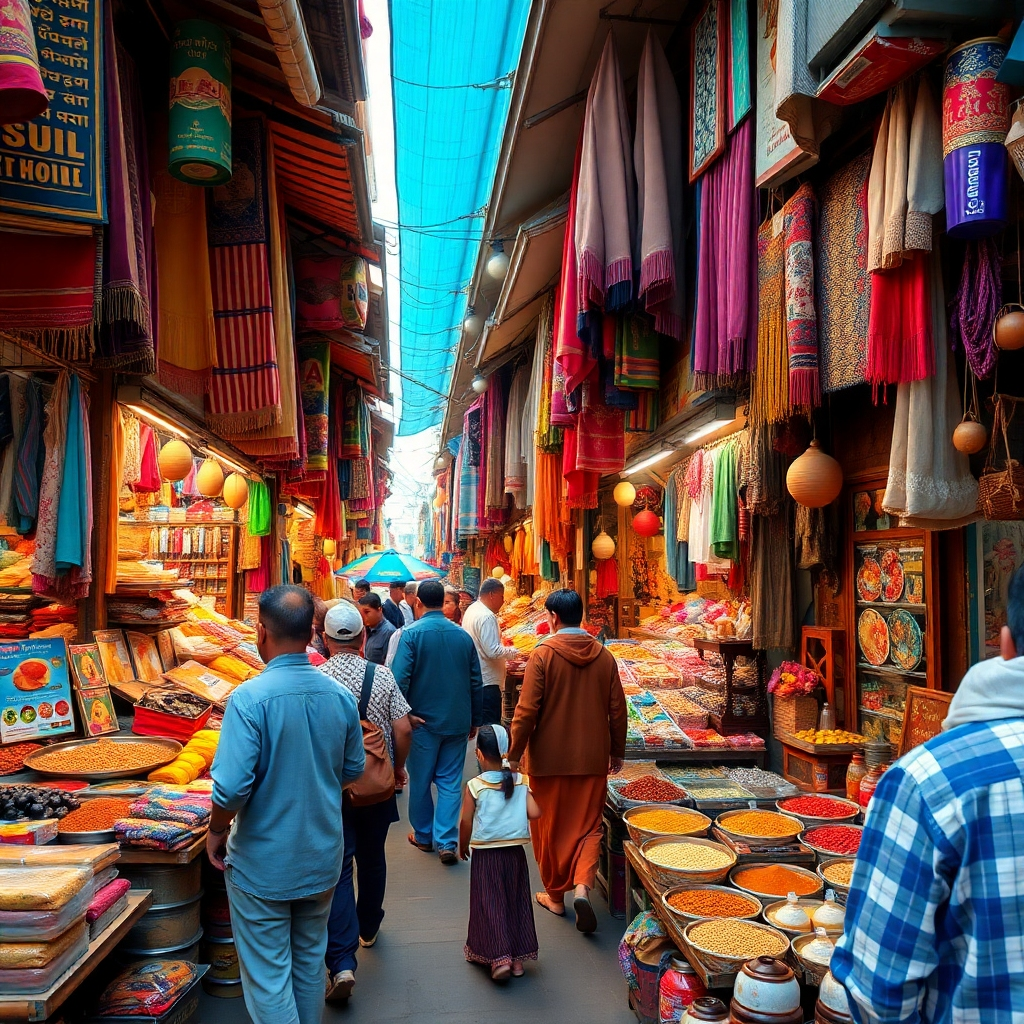A photorealistic image, high quality, showcasing a bustling marketplace in a foreign country, filled with vibrant colors, diverse people, and unique goods.  Use a warm color palette with bright accents, and natural lighting.  The camera angle should be from a street-level perspective, creating an immersive experience for the viewer.  Texture details should emphasize the textures of the fabrics, spices, and other goods. The environment is a busy, authentic marketplace.  The style should be photojournalistic, capturing the vibrancy and energy of the location.  The image should capture the essence of cultural exchange.