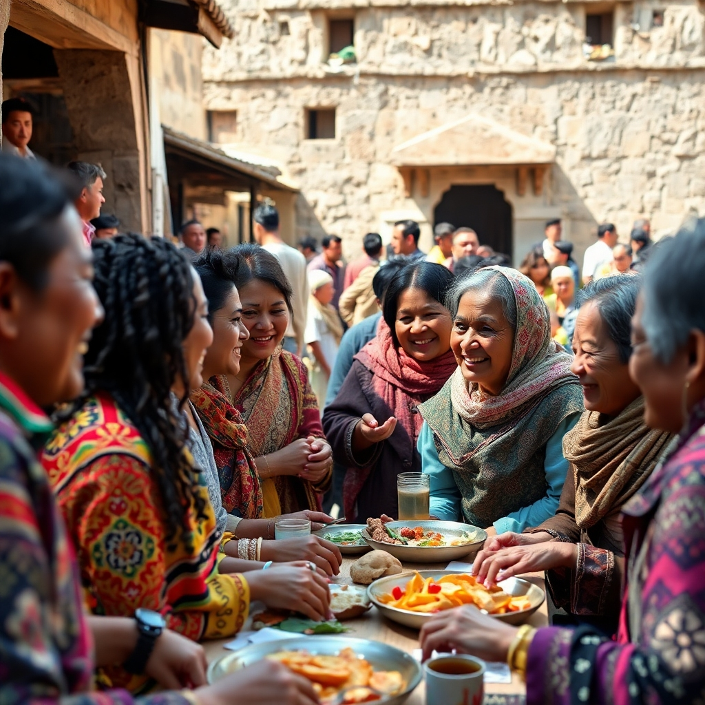 A photorealistic image, high quality, showing diverse groups of people interacting in a friendly and respectful manner, demonstrating the exchange of cultures through a shared experience such as a meal, a festival or a visit to an historical site.  The lighting is natural and bright.  The camera angle is from the perspective of an observer, showing a wide range of friendly interactions.  Textures should accurately portray clothing, food, and cultural artifacts.  The environment is an evocative setting that represents a mix of cultures.  The style is photojournalistic and celebrates cultural exchange.