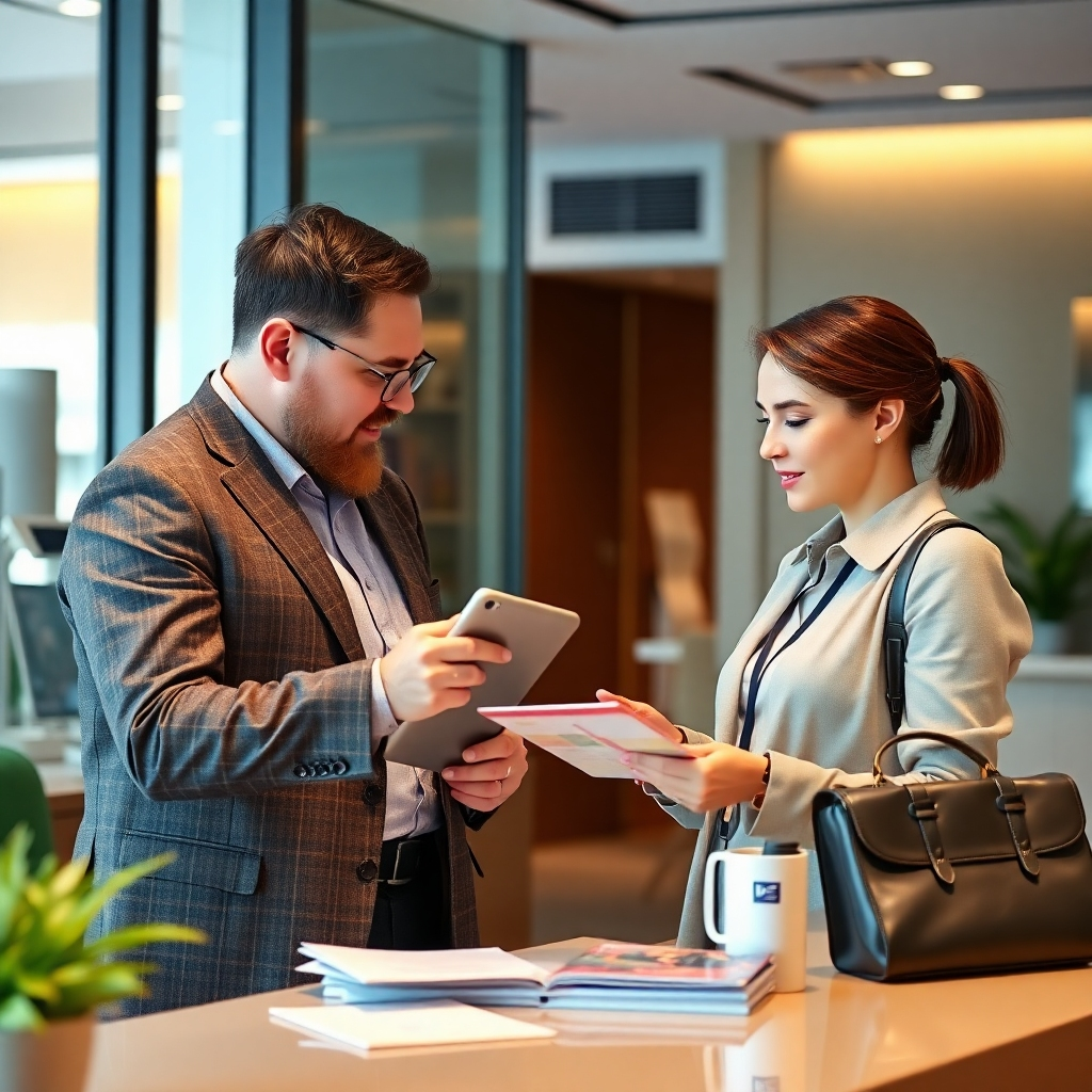 A photorealistic image, high quality, showing a professional travel concierge assisting a client with their travel arrangements, perhaps using a digital device and relevant travel materials.  Use a professional and helpful color palette. The lighting should be bright and professional.  The camera angle should show an engaged interaction between client and concierge.  Textures should realistically portray relevant office materials.  The environment is a travel agency or hotel.