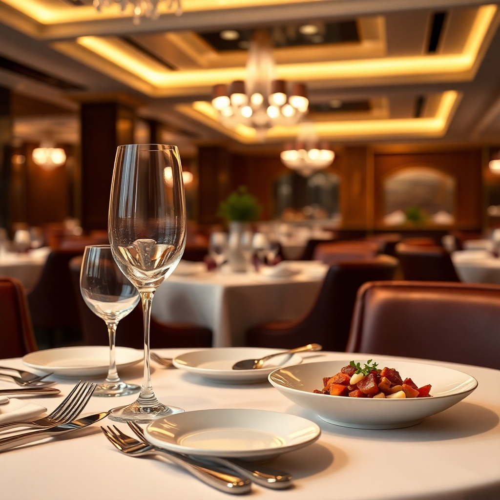 A photorealistic image of a beautifully set table in a luxurious restaurant, featuring elegant silverware, fine china, a crystal wine glass, and a delectable-looking plated dish. The background should subtly showcase an upscale restaurant interior with warm lighting and sophisticated decor. The overall mood should be one of refined elegance and comfort.
