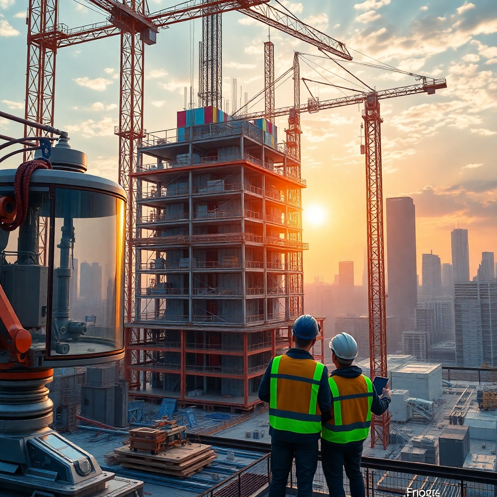 A photorealistic image of a futuristic construction site where large 3D printers are building complex building structures layer by layer. The scene should be vibrant, showing a variety of colors and textures of building materials. The sun should be setting, casting a warm glow on the scene. Include advanced robotic arms assisting in the process, and human workers overseeing the operation with tablets and sophisticated helmets.  The background shows a modern city skyline.