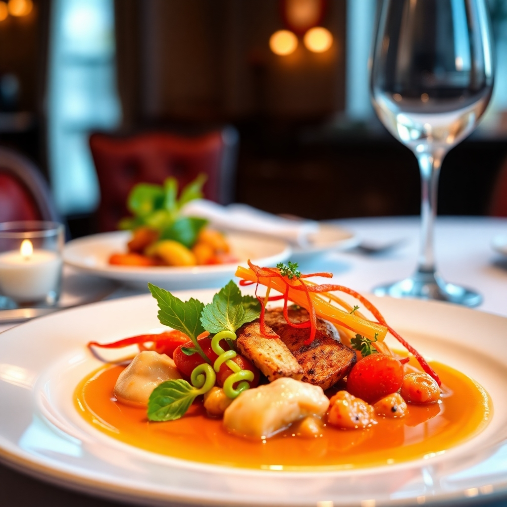 A photorealistic image of a meticulously plated dish, showcasing vibrant colors and intricate details. The setting should be elegant, with soft lighting and a luxurious table setting.  The food should be the clear focal point, emphasizing texture and presentation.  Style:  Fine dining photography.