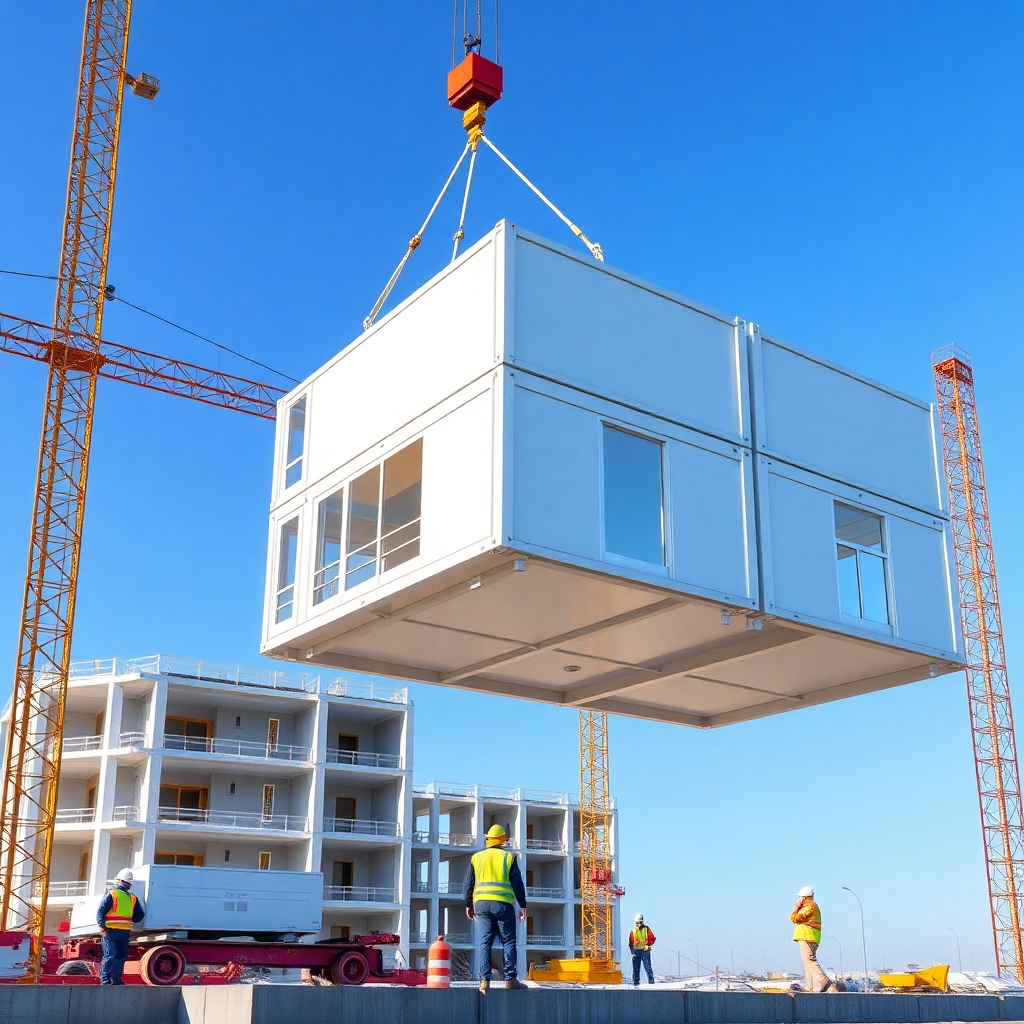 A photorealistic image of a modern construction site showing prefabricated modular building sections being lifted by a crane and precisely assembled into a larger structure.  The image should highlight the precision and efficiency of the process, with clear, bright lighting and a focus on the seamless joining of the modules. Include modern construction equipment and workers in safety gear. The background should be a partially completed building and clear blue sky.
