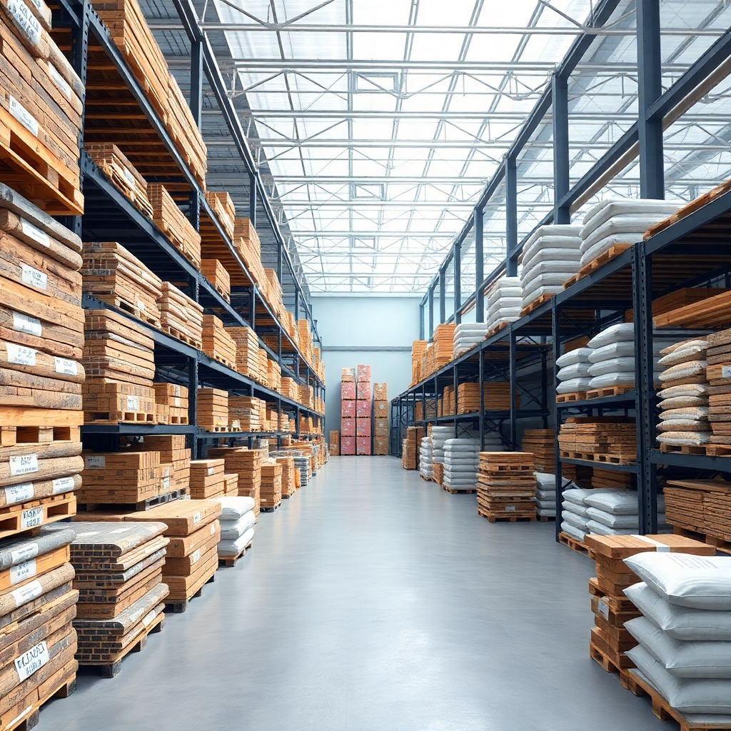 A photorealistic image of a modern, well-organized warehouse with various construction materials neatly stacked and labeled, showcasing efficient inventory management and smooth logistics operations. Include diverse materials like steel beams, bricks, cement bags, and lumber, all clearly organized and accessible. The lighting should be bright and natural, highlighting the cleanliness and orderliness of the space.  Focus on conveying a sense of efficiency and precision in the supply chain process.
