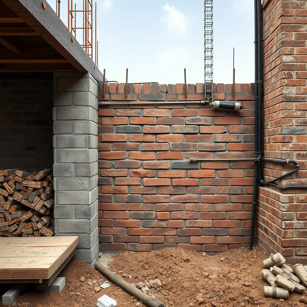A photorealistic image of a restaurant foundation being reinforced with modern construction techniques. Exposed brick is carefully laid. Early work on electrical and plumbing can be seen. The image emphasizes stability and longevity, suggesting a resilient structure built to last. Focus on raw building materials contrasted with modern tools.