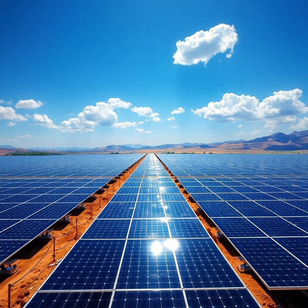 A photorealistic image of a sprawling solar farm, with thousands of solar panels neatly arranged across a vast landscape under a bright, sunny sky.  The panels should be reflecting sunlight, and the image should convey a sense of scale and efficiency.  In the background, a clear blue sky with fluffy white clouds is visible. The overall mood should be one of clean, sustainable energy and a hopeful future.