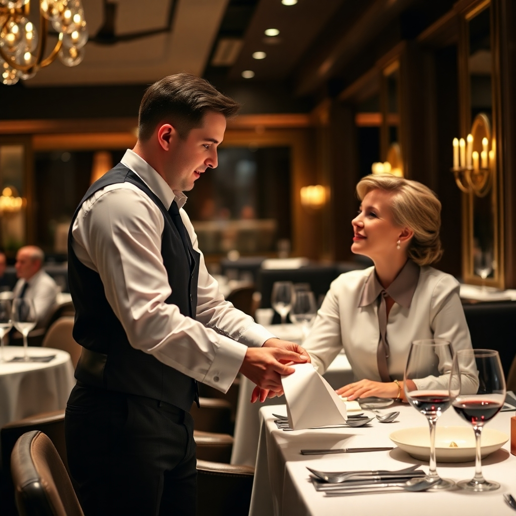 A photorealistic image of a waiter gracefully serving a guest at a luxurious restaurant. The scene should be upscale, with a focus on the interaction between the waiter and the guest.  The restaurant should have a sophisticated ambiance, with soft lighting and elegant decor. Style: Candid fine dining photography.