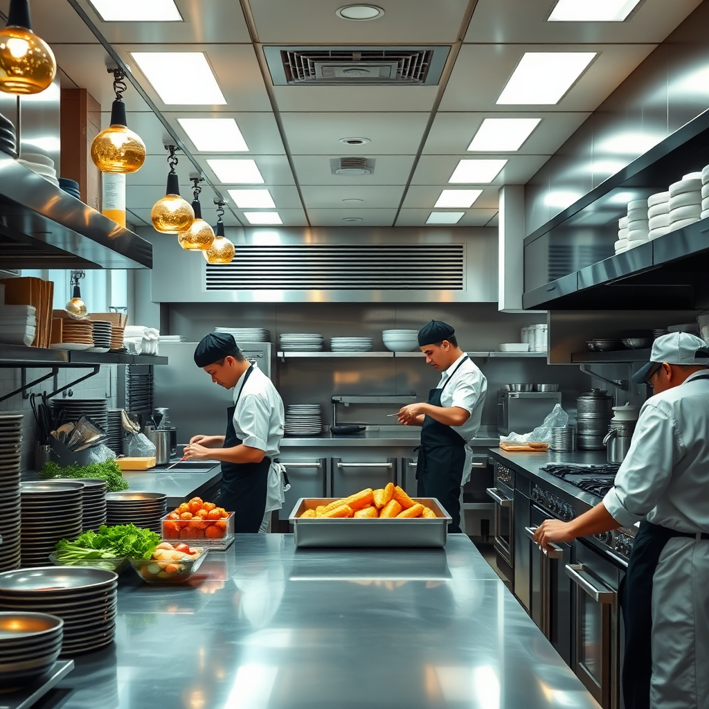 A photorealistic image of a well-organized and efficient restaurant kitchen. Everything is in its place, and the staff is working seamlessly together. The image should convey a sense of order and precision.