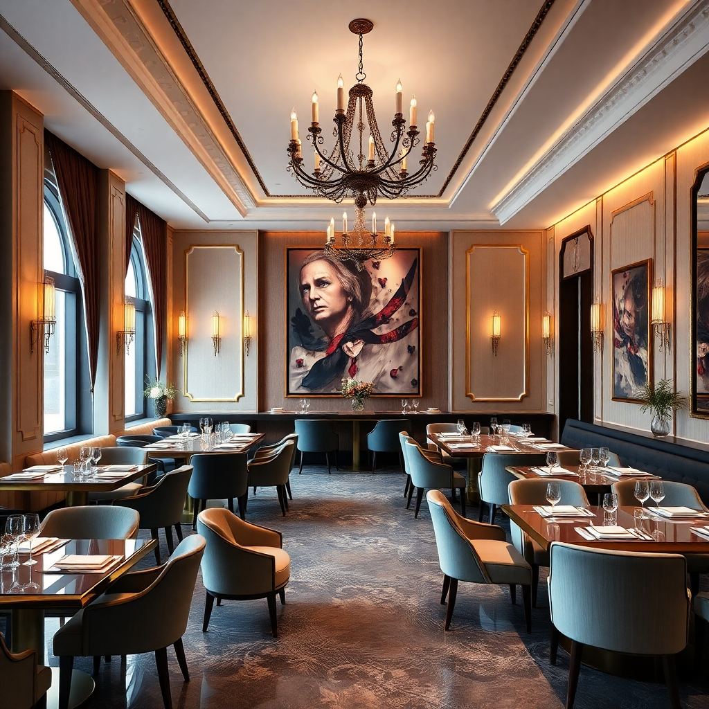 A photorealistic image of the interior of JEWELS Restaurant. The image should showcase luxurious decor, such as elegant furniture, fine art, and soft lighting. The ambiance should be sophisticated and romantic, with a focus on creating a sense of warmth and intimacy. Style: Architectural photography focusing on interior design.