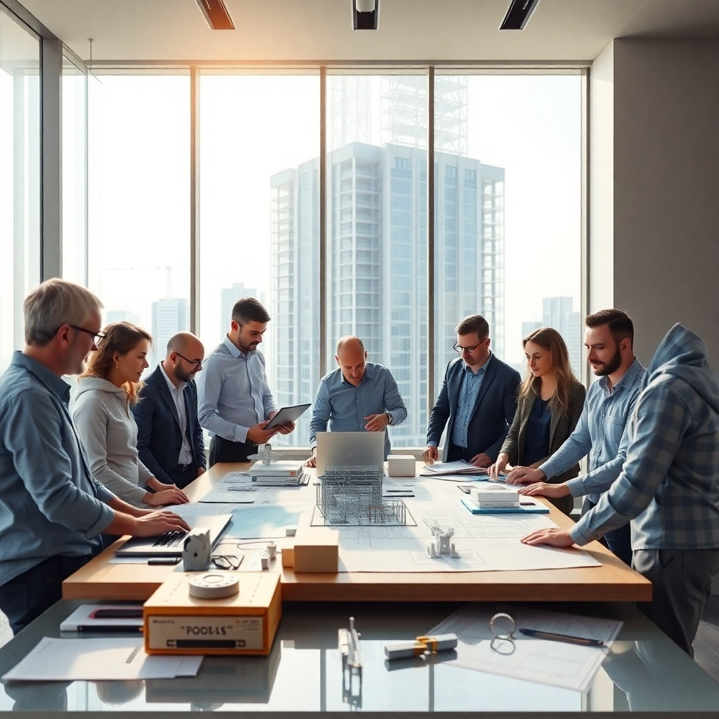 A photorealistic image, rendered in 8K resolution, depicting a team of architects and engineers collaborating on a large-scale construction project. The setting should be a modern, bright office space with large windows offering a view of a partially completed skyscraper in the background. The lighting should be natural and soft, casting gentle shadows that add depth to the scene. The color palette should be clean and professional, featuring neutral tones with pops of color from design blueprints and technology screens. The camera angle should be slightly elevated, capturing the team in a dynamic pose, perhaps around a large table strewn with blueprints and 3D models.  Focus should be on the collaborative aspect of the team, emphasizing their interaction and use of technological tools. The textures of materials should be highly detailed—the smoothness of glass, the texture of wood, and the crispness of digital screens. Props include laptops, tablets, blueprints, scale models of the building, and specialized engineering tools.  The overall style should emulate the refined aesthetic of architectural visualizations featured in high-end architectural magazines, highlighting both the technological and human aspects of architectural design. The image needs to convey professionalism, innovation, and a collaborative work environment. The image should be ultra-detailed and hyperrealistic.