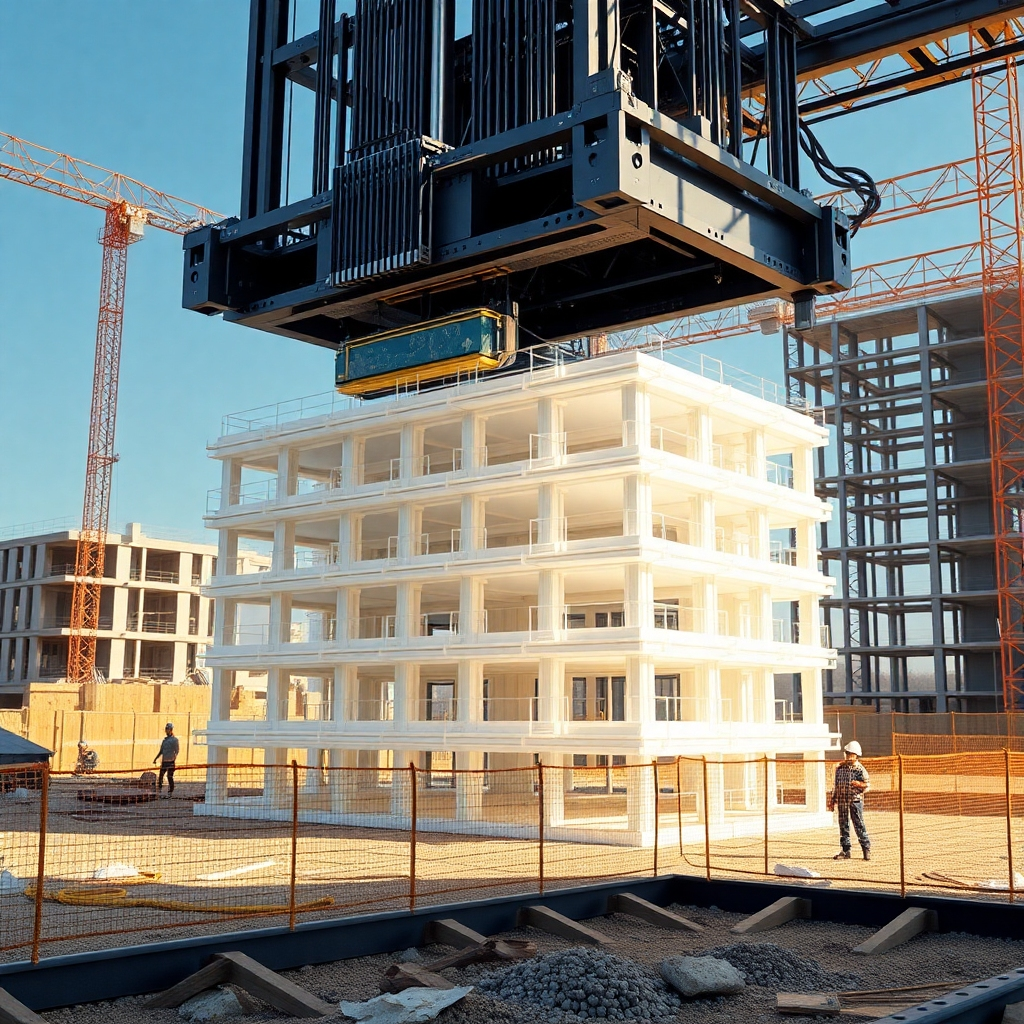 A photorealistic image showcasing a large-scale 3D printer constructing a building's structural elements layer by layer on a construction site. The scene should depict a futuristic, yet realistic construction environment.  The printer should be highly detailed, showing the extrusion process of the building material. The image needs to clearly show the structure slowly taking shape, with a partially constructed building in the background and workers observing the process. The lighting should be bright and clear, emphasizing the precision of the technology.