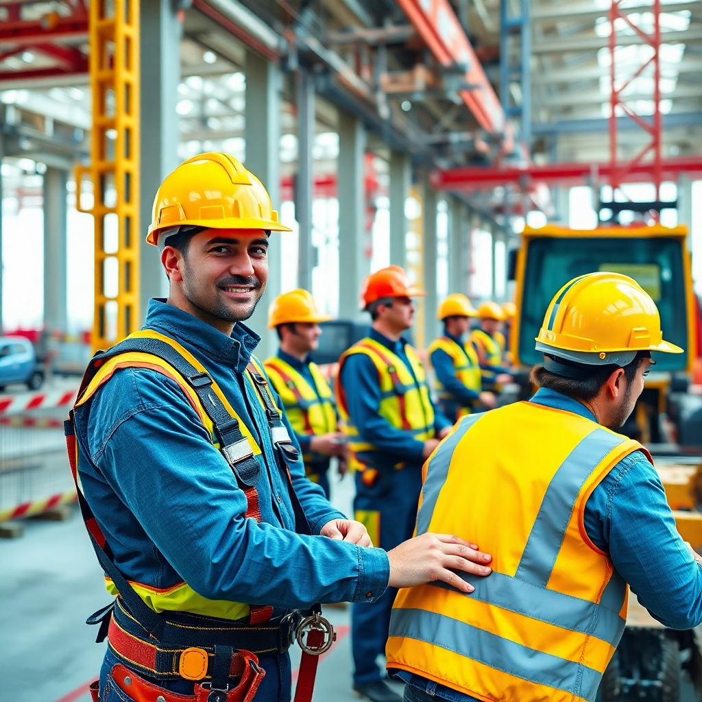 A photorealistic image showing a construction site with workers wearing safety helmets and harnesses, operating heavy machinery safely.  The image should highlight safety measures such as clearly marked safety zones, properly secured equipment, and workers following safety protocols. Focus on a positive and safe work environment. The image should be bright, showing a clean and organized construction site with clear safety signage.