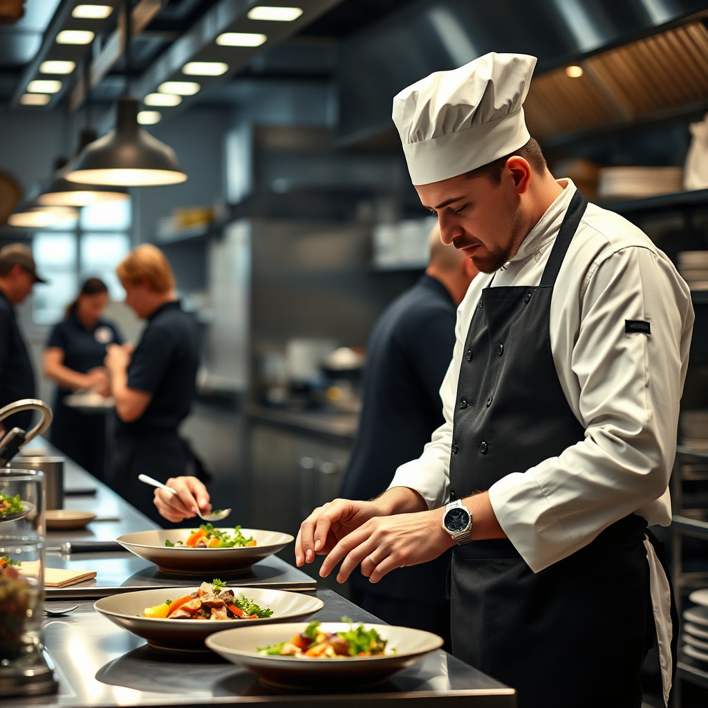 A photorealistic image showing a consultant working side-by-side with a chef in a bustling kitchen. The consultant is actively involved, offering guidance and support as the chef prepares a dish. The focus is on collaboration and shared expertise.