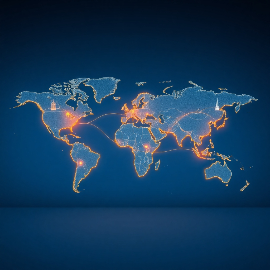 A stylized image, 4K resolution and high quality, depicting a world map with glowing lines connecting various iconic landmarks and destinations.  Use a color palette with deep blues, gold accents, and soft lighting.  The camera angle should be slightly tilted, adding a sense of dynamism.  Textures should be smooth on the map itself, with a slightly rough texture for the glowing lines.  The environment is clean and minimalist.  Props include the glowing lines connecting destinations, creating a sense of global connection.  The style reference should be similar to high-end travel brochures. The overall style should inspire wanderlust and the thrill of exploration.