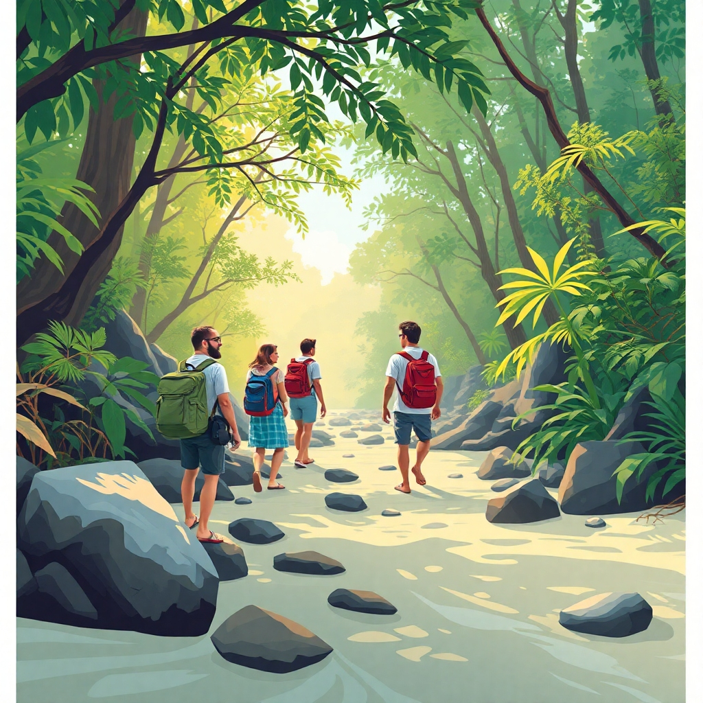A stylized image, high quality, using a mixture of photorealistic and illustrative elements, showing a pristine natural setting with a small group of tourists interacting respectfully with nature.  Use a vibrant yet harmonious color palette, focusing on natural tones. The lighting should be soft and warm.  The camera angle should showcase the harmonious coexistence of nature and humans. Texture details should accurately portray the natural environment.  The environment includes lush forests or a clean beach.  Style references include nature documentaries and conservation organization brochures. Relevant props could be plants and animals specific to the environment. The overall style should emphasize sustainability and responsible travel.